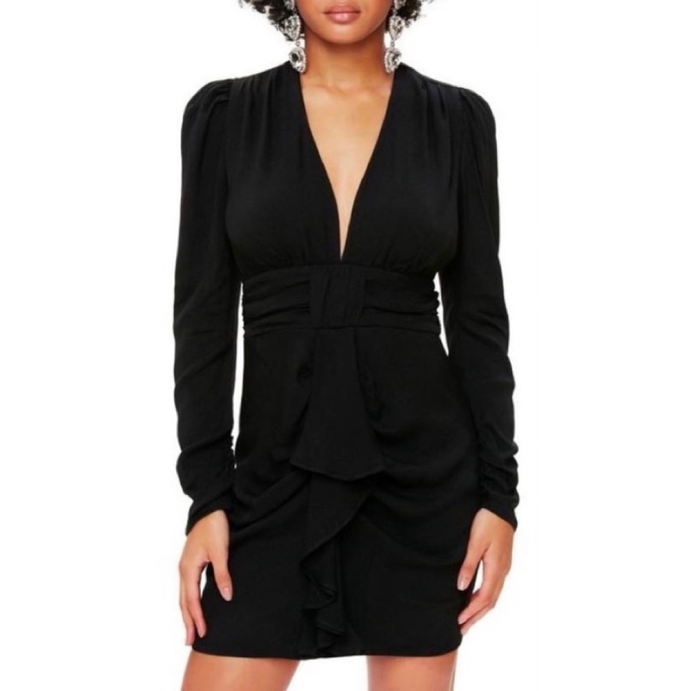 AFRM x REVOLVE avalon puff sleeve deep v-neck mini dress cocktail black small